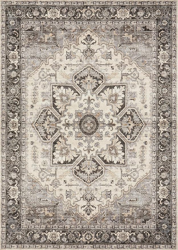 Area Rug for Living Room - 8x10 Soft Machine Washable Oriental Vintage Floral Distressed Large Indoor Floor Carpet for Bedroom Under Dining Table Home Office Decor - Grey Brown