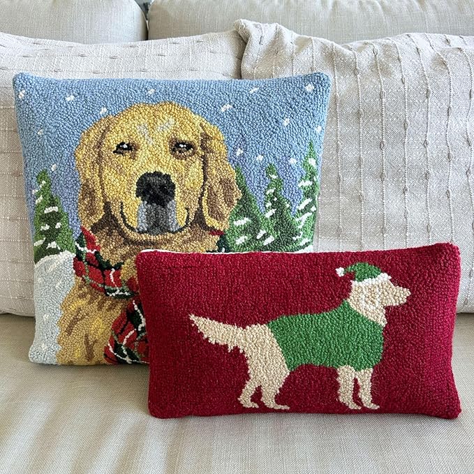 Hand Hooked Christmas Pillow - 16X16 inches Throw Pillow for Couch or Dorm (Golden Retriever)