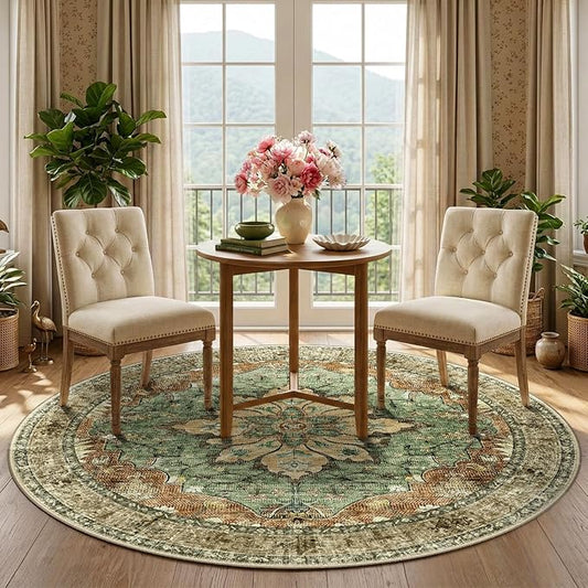 RELEANY Area Rugs Round 5ft Washable Non-Slip, Floral Vintage Distress Print Pattern Medallion Carpet for Living Room Bedroom Dining Room, Brick Red Rust Neutral Brown Burnt Orange Green