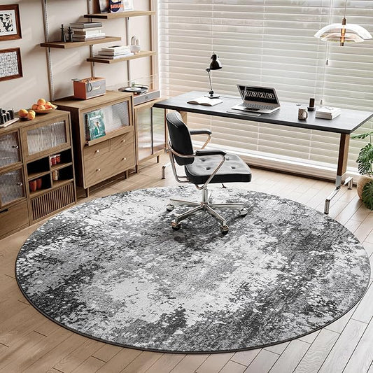 Washable 5 FT Round Rug Grey Circle Area Rugs for Entryway Kitchen, Non Slip Soft Low Pile Stain Resistant, Boho Circular Carpet for Living Room Bedroom Dorm Dining Room Table, Abstract Gray