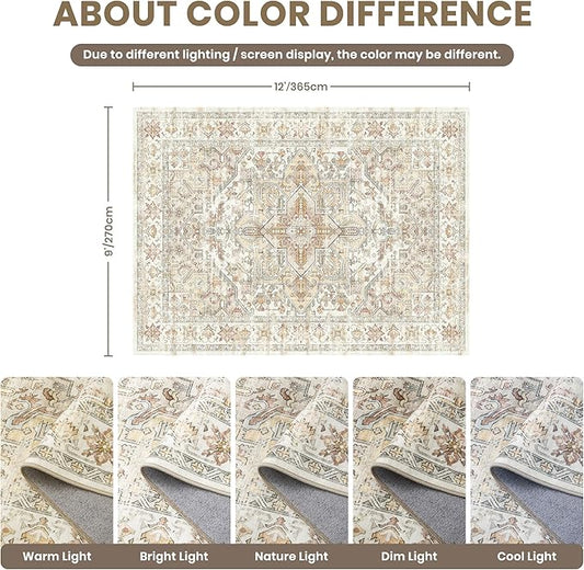 zesthome 9x12 Area Rugs-Washable Rug for Living Room, Non-Slip Backing Rugs, Stain Resistant Rug for Bedroom, Ultra-Thin Low Pile Rugs, Vintage Large Home Decor