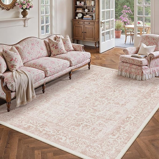 PureCozy Pink Area Rug 5x7 Machine Washable Vintage Living Room Distressed Non Slip Carpet Traditional Indoor Bedroom Retro Floral Accent Throw Large Rug Office Kitchen Bathroom Dining Room