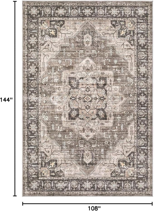Area Rug 9x12 Washable Vintage - Soft Traditional Rugs for Living Room Large Non Slip Backing with Low Pile Farmhouse Oriental Retro Carpet for Bedroom Dining Room or Home Office - Dark Brown