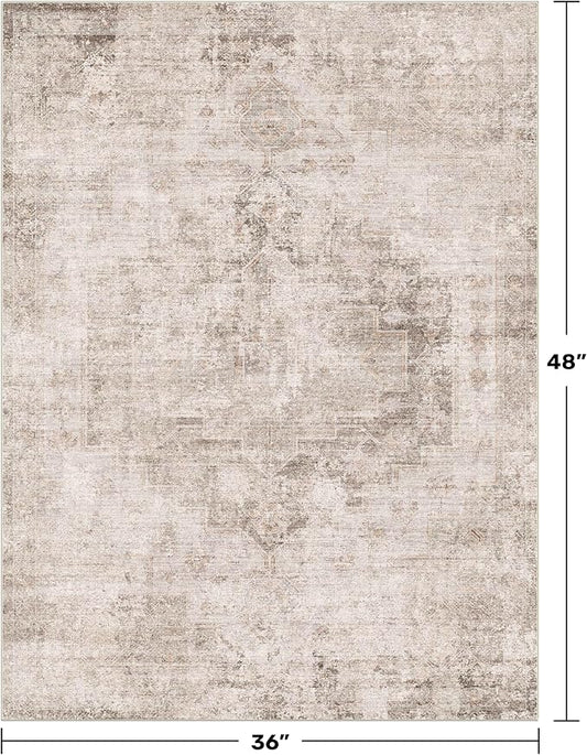 Washable Beige Brown Rugs for Entryway Indoor - 3x4 Throw Rug for Large Kitchen, Bedroom Bedside, Bathroom, Mudroom, Mordern Abstract Medallion Décor, Non Slip Low Pile Fade Resistant
