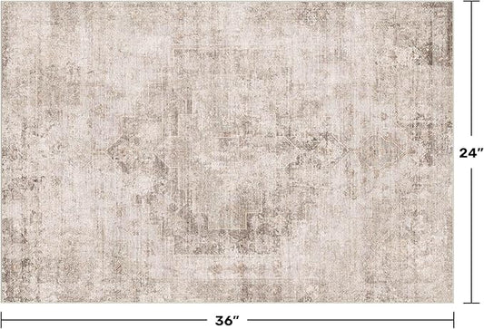 Beige Brown 2x3 Washable Non Slip Bathroom Rug for Entryway Indoor, Low Pile Small Rug for Powder Room & Kitchen Floor, Waterproof Stain & Fade Resistant Modern Abstract Decor