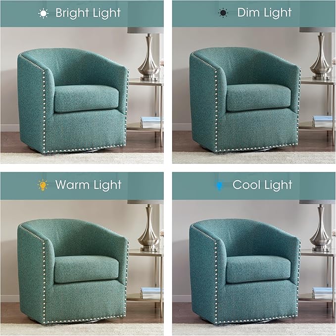 Madison Park Swivel Barrel Accent Chair, Upholstered Curved Back with 7-Inch Thick Woven Cushion, 360° Swivel, Nailhead Trim, Comfy Chair for Living Room, Bedroom, Office, 28" Wide, Teal, Tyler