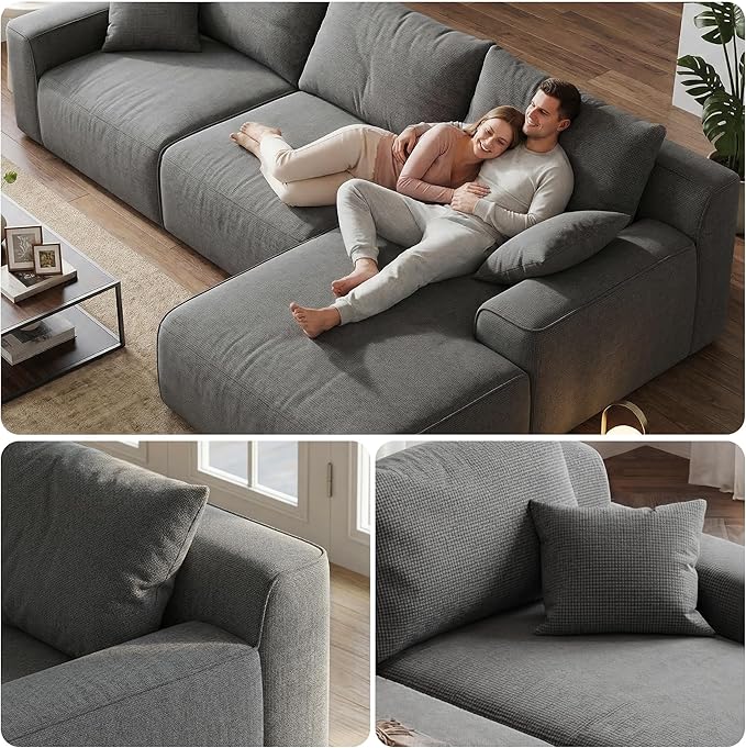 Homkdom L-Shaped Cloud Boneless Couch with Deep Seat, Modular Sectional Sofa with Oversized Chaise, 6 Layouts Combination for Living Room, Apartment, No Assembly (Grey Check, Right Facing Chaise)