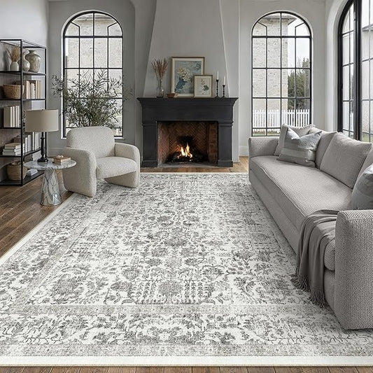 PureCozy Black Area Rug 6x9 Machine Washable Vintage Living Room Distressed Non Slip Carpet Traditional Indoor Bedroom Retro Floral Accent Throw Large Rug for Office Kitchen Dining Room