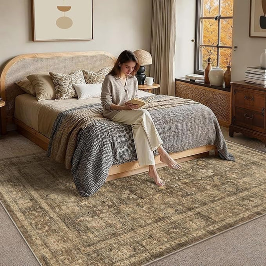 5x7 Brown Washable Area Rugs for Living Room Non Slip Low Pile Vintage Boho Throw Rug Soft Retro Distressed Floral Carpet Indoor Farmhouse Decor for Bedroom Dining Room Office Kitchen Playroom