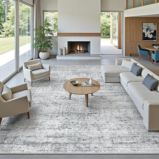Soalmost 12x15 Washable Area Rug Gray Neutral Abstract Living Room Large Carpet Non Slip Bedroom Indoor Office Dining Room Low Pile Thin Grey Rug