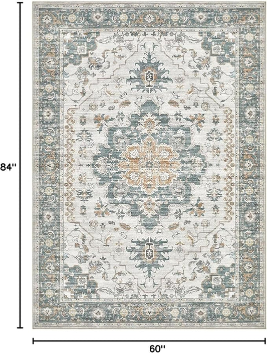 EIEIHOUSE Washable Area Rugs for Living Room -7x10 Neutral Vintage Distressed Floral Farmhouse Boho Large Soft Floor Rug Indoor Non Slip Carpet for Living Room Bedroom Dining Room Office-Green/Grey