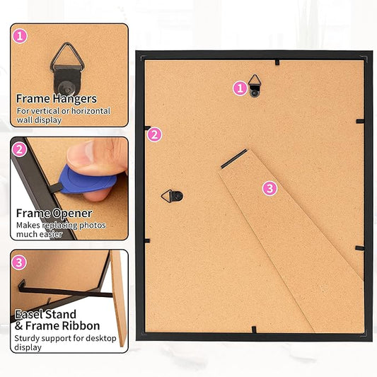 8x10 Picture Frame Set of 2, Black Photo Frame for Tabletop or Wall Display, Display Pictures 5x7 with Mat or 8x10 Without, Frame Collage with HD Plexiglass for Wall Home Decor, with Gadget