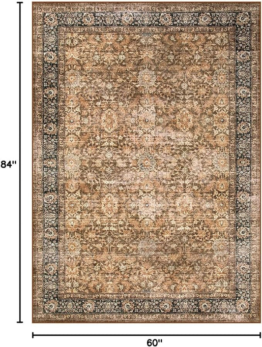 Morebes Washable Living Room Rug 5x7, Vintage Room Rugs for Bedroom Non-Slip, Soft Low-Pile Non-Shedding Dark Brown Rug Indoor Floral Print Throw Carpet for Bedside Farmhouse Dining Room