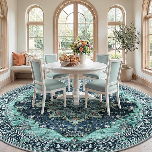 RELEANY Area Rugs Round 8ft Washable Non-Slip, Floral Vintage Distress Print Pattern Medallion Carpet for Living Room Bedroom Dining Room, Teal Green Lake Blue Turquoise