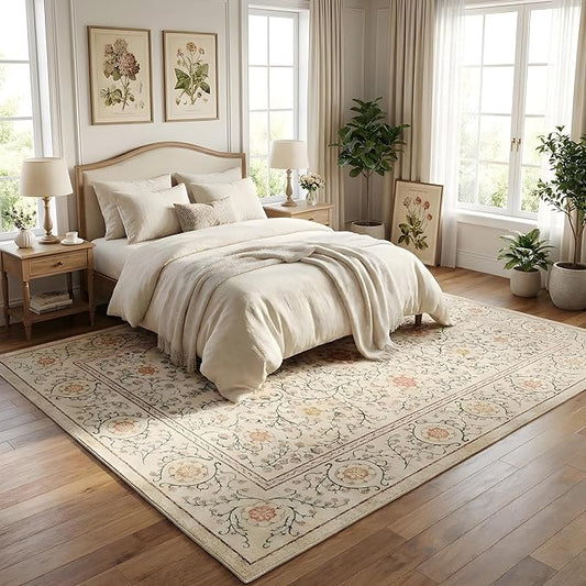 GarveeHome Boho 5x7 Area Rug for Bedroom, Floral Vintage Rugs for Living Room with Soft Low Pile, Non Slip Botanical Washable Rugs 5x7 for Dining Room Camel Carpet for Entryway Dorm Office Playroom