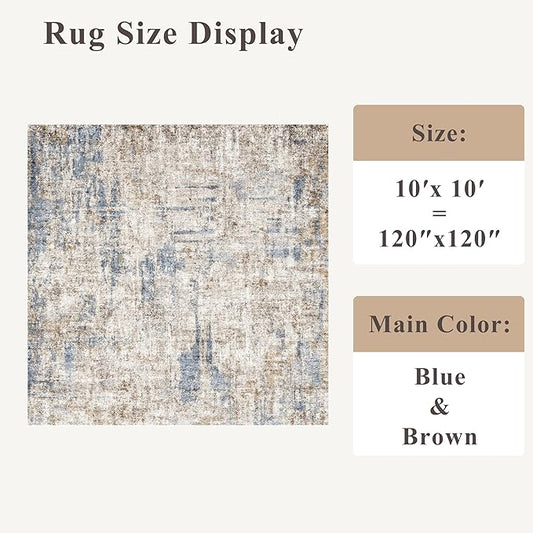 10x10 ft Square Living Room Rug – Washable Modern Abstract Area Rug for Bedroom, Dining Room, Playroom – Neutral Non-Slip Low-Pile Thin Indoor Carpet(Blue Brown)