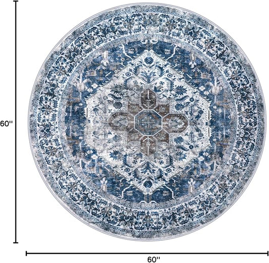 KOZYFLY Round Rug 5 Ft Rugs for Entryway Washable Circle Entrance Rug Non Slip Round Doormat Indoor Printed Faux Wool Round Front Door Mat Floor Carpet for Backdoor, Entryway, Bedroom, Blue