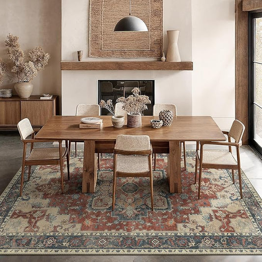 GENIMO 5x7 Area Rugs for Living Room, Machine Washable Non Slip Vintage Rugs, Low Pile Lightweight Chenille Print Rug for Bedroom, Dining Room, Home Office,Bordeaux