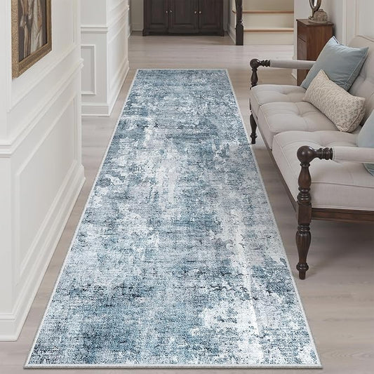 Soalmost Runner Rug 3x8 Washable Non-Slip Hallway Runner Rugs for Kitchen Bathroom Laundry Room Blue/Grey Vintage Floor Carpet Runners for Hallways Entryway