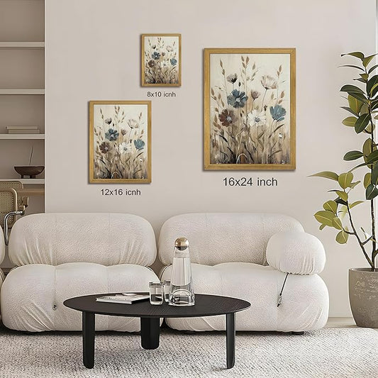 Yaneiro Wood Framed Vintage Wildflower Wall Art, Boho Canvas Wall Decor Paintings, Sage Flower Bathroom Decor, Countryside Farmhouse Landscape Posters Print for Bedroom Hallway Living Room 8x10 Inch