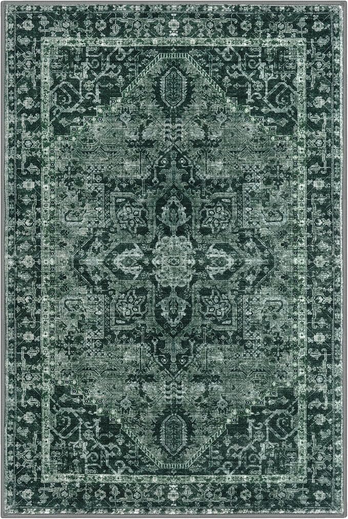 KOZYFLY Area Rug 8x10 Ft Thin Rugs for Living Room Washable Bedroom Rug Non Slip Rugs for Living Room Printed Faux Wool Vintage Bedroom Rug Floor Carpet for Dining Room, Dark Green