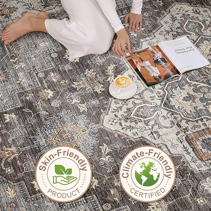 5x8 Area Rug Living Room: Washable Boho Large Neutral Vintage Soft Rug Stain Resistant Farmhouse Non-Slip Indoor Floor Carpet for Bedroom Nursery Kids Office Dining Room Playroom- Grey Brown