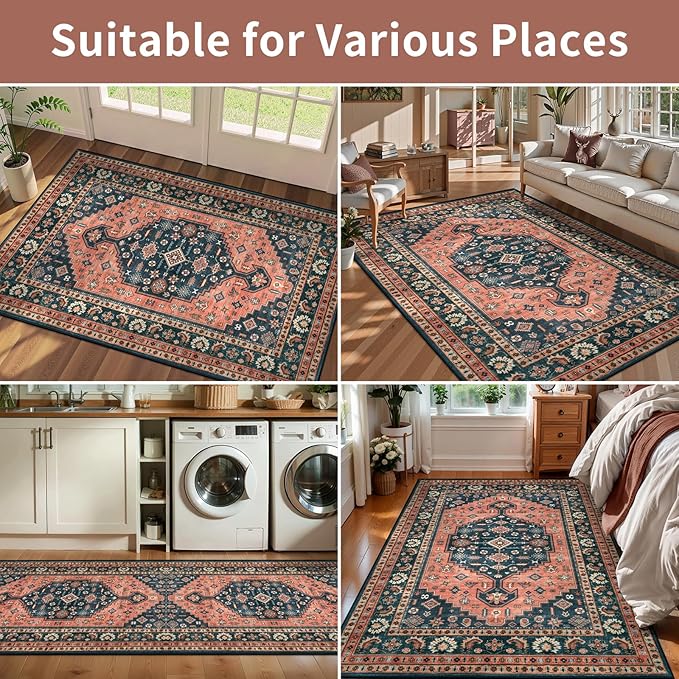 Tangsoo 2x5 Washable Runner Rug for Hallway,Non Slip Vintage Rug Runner for Entryway,Red Blue Floral Soft Low Pile Floor Carpet Runner for Kitchen Bedroom Laundry Bathroom