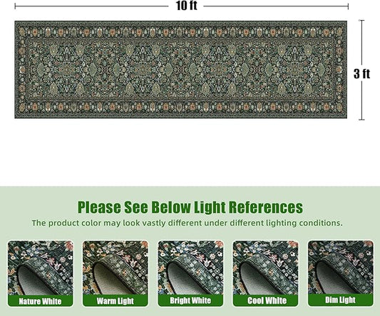 Runner Rugs 2x10 Boho Small Washable Area Rugs for Entryway Bathroom Kitchen, Long Rugs for Hallway Soft Low Pile Non-Slip Rubber Backing Oriental Dark Green