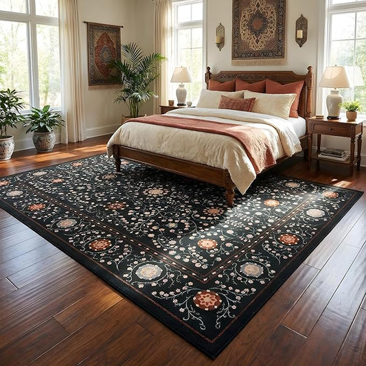GarveeHome Boho 5x7 Area Rug for Bedroom, Floral Vintage Rugs for Living Room with Soft Low Pile, Non Slip Botanical Washable Rugs 5x7 for Dining Room Black Carpet for Entryway Dorm Office Playroom