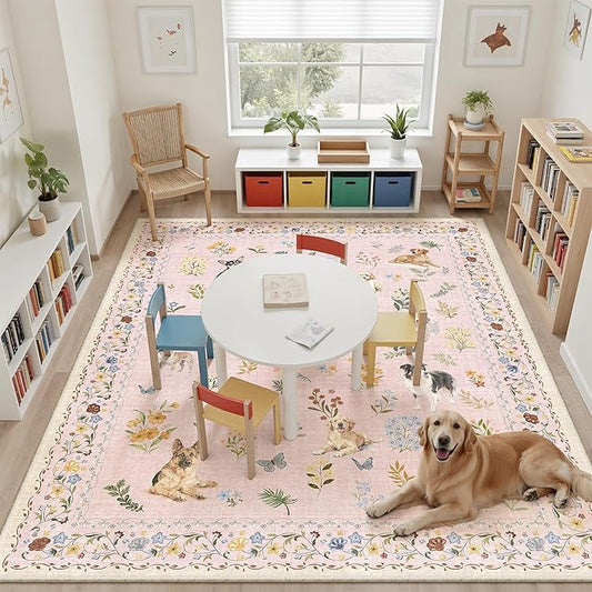 Soalmost Dog 8x10 Pink Area Rugs for Baby Girl Nursery, Washable Animal Floral Vintage Rug Non-Slip Low Pile Soft Throw Rugs for Living Room Dining Room Bedroom Playroom Classroom (8 x 10,Pink)