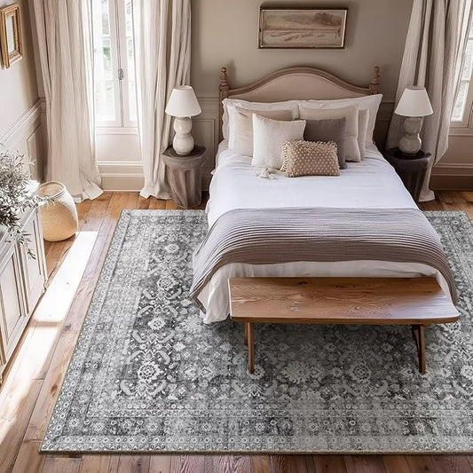 Washable 5x7 Area Rugs for Living Room, Boho Non-Slip Vintage Rugs for Bedroom Dining Room Nursery Office, 0.3" Neutral Oriental Throw Thin Carpet with Cushioning Pad, Grey/Multi, C5