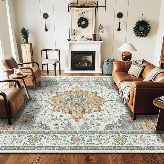 RELEANY Area Rugs 8'x10' Washable Non-Slip, Floral Vintage Distress Print Pattern Medallion Carpet for Living Room Bedroom Dining Room, Light Yellow Carbon Grey Orange
