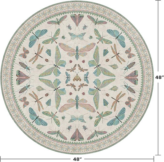 Cream Round Rugs 4ft for Living Room - Soft Washable Small Circle Throw Rugs for Kids Bedroom, Baby Nursery, Playroom, Reading Corner, Insect Stain Resistant Floor Carpet, Beige Green