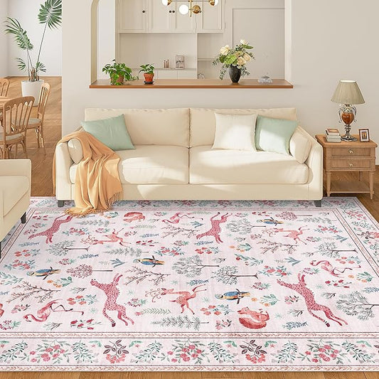 DUKINO 5x7 Rug, Washable Animal Living Room Rug with Non Slip Vintage Design, Soft Low Pile Large Carpet for Bedroom, Nursery, Dining Room, Farmhouse, Playroom, Pink