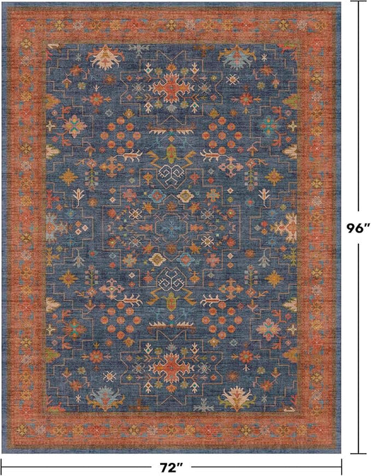 Hazo Haus Dining Room Rugs for Under Table - 6x8 Washable Area Rug for Living Room, Low Pile Non-Slip Rugs for Bedroom - Navy Blue & Terracotta Vintage Boho Eclectic Home Decor