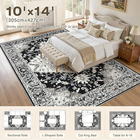 10x14 Washable Area Rugs for Living Room: Non Slip Vintage Black Rug, Large Soft Stain Resistant Indoor Floor Carpets for Bedroom Dining Room Nursery Home Office Kid & Pet Friendly
