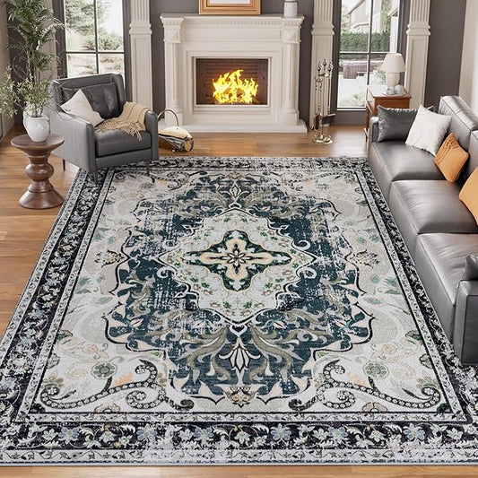 RUSHUFFY 8x10 Washable Area Rugs for Living Room, Non-Slip Large Boho Vintage Retro Print Pattern Carpet for Bedroom Dorm Dining Room Farmhouse Nursery Home Office, Slate Blue & Beige