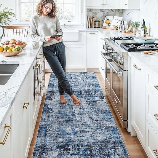 3x12 ft Long Hallway Runner Rug - Non-Slip Washable Kitchen Rug with Rubber Backing,Modern Abstract Neutral Thin Low Pile Floor Carpet Runner for Entryway,Bedroom,Living Room(Blue)