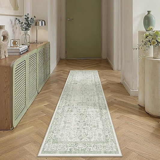 PureCozy Runner Rug 2x6 Sage Green Hallway Washable Vintage Distressed Kitchen Carpet Non Slip Neutral Low Pile Retro Floral Farmhouse Long Throw Rug Entryway Bathroom Office Laundry Dining Room