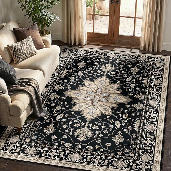 RELEANY Area Rugs 5'x7' Washable Non-Slip, Floral Vintage Distress Print Pattern Medallion Carpet for Living Room Bedroom Dining Room, Black Brown Neutral Dark Tan