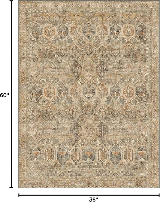 Bavni Washable Rug 3x5 Area Rug for Living Room Bedroom Dining, Washable Vintage Print Carpet, Ultra-Thin Chenille Low Pile Lightweight Rug with Non Slip Backing, Wood