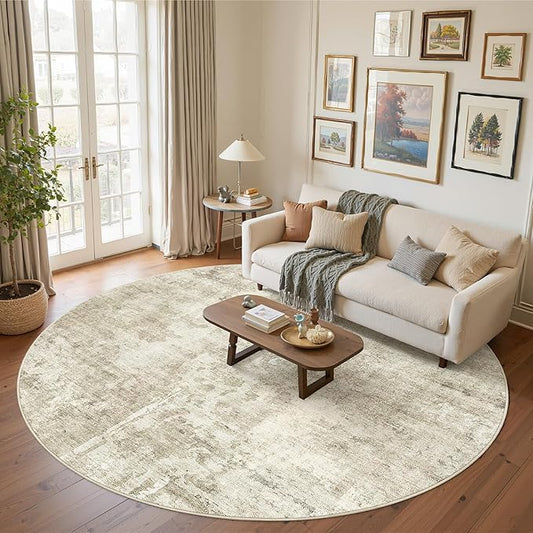 Soalmost 8x8 Beige Gray Round Rug 8ft Living Room Circle Rug Vintage Round Area Rug Non Slip Indoor Carpet for Apartment
