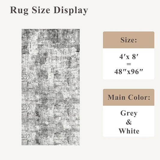 4x8 Washable Area Rug – Non-Slip Rubber Backed Indoor Rug for Entryway, Kitchen, Hallway | Modern Abstract Neutral Low Pile Thin Floor Mat for Bedroom, Living Room, Office(Grey)