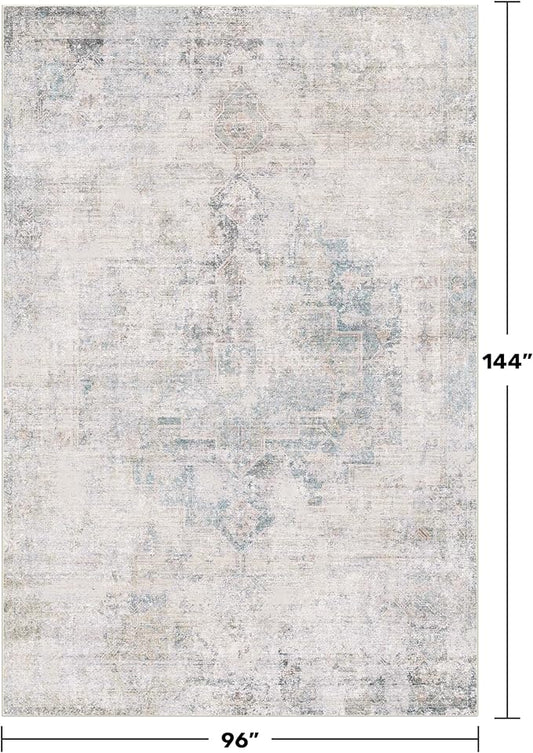 Hazo Haus Light Blue Area Rugs 8x12 for Living Room - Abstract Medallion Blue Gray Rug for Bedroom, Dining Room Under Table, Washable Non Slip, Fade & Stain Resistance