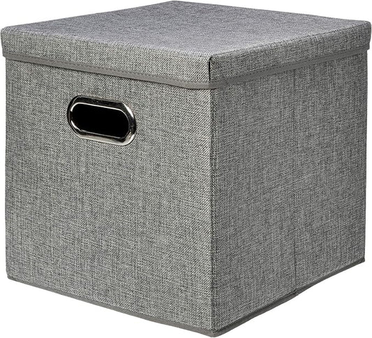 Amazon Basics Foldable Burlap Cloth Cube Storage Bins with Lid, Collapsible Organizing Containers, Stackable and Sturdy, Gray, Set of 2