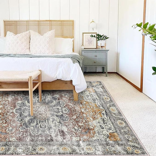 CHAMPLANT Area Rug 4x6 Washable Rug Taupe Vintage Traditional Floor Cover Foldable Thin Retro Accent Indoor Distressed Non Slip Carpet Floral Print Mat Bedroom Living Room Bathroom