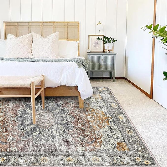 CHAMPLANT Area Rug 6x9 Washable Rug Brown Grey Vintage Traditional Distressed Thin Retro Kitchen Indoor Floor Cover Non Slip Carpet Floral Print Mat Living Room Bedroom Dining Room