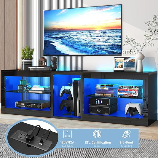 Vinctik 6&Fox LED TV Stands w/Power Outlet,60,00-Colors Lighting for 65 70in TV, 63" Modern High Gloss Entertainment Center,TV Console W/Adjustable Glass Shelves for Living Room Game Bedroom (Black)