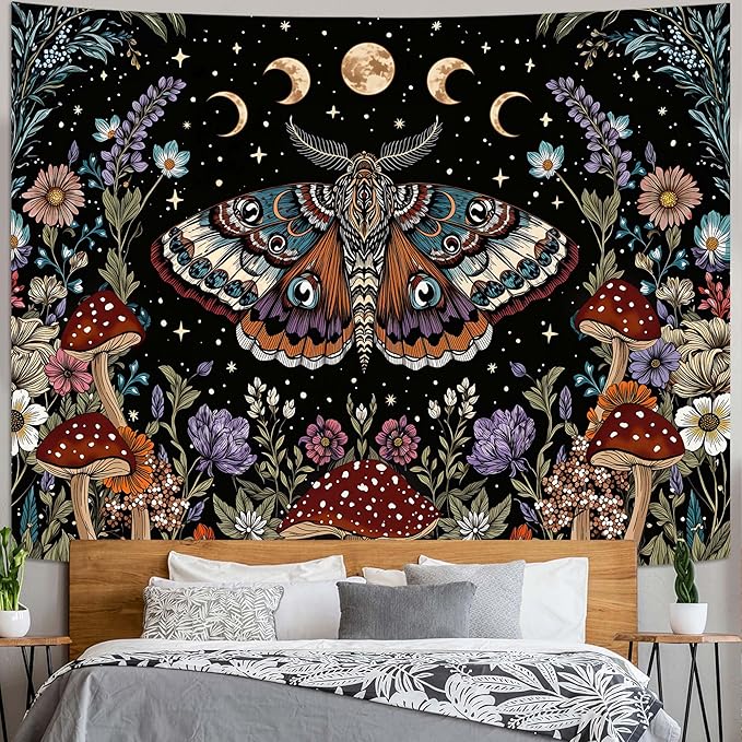 Neasow Hippie Witchy Moth Tapestry, Moon Mushroom Aesthetic Floral Wall Art, Mystic Moon Phase Decor for Living Room Bedroom Home, 60x80 inches