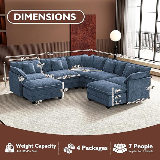 Ihanherry 114" V-Shaped Modern Sofa Modular Sectional Cloud Couch with 2 Ottoman, 7-Seat Chenille Deep Seat Sofa with Corner Section for Living Room, Bedroom and Apartment, Blue